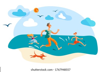 Overjoyed father and children having fun on beach. Parent with son and daughter running together. Vector river bank or seacoast. People and pet enjoy summer time vacation and fun activity
