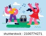 Overjoyed friends have fun dancing together to music in old stereo. Happy diverse man and woman relax rest enjoy dancing outdoors listening to radio on recorder. Flat vector illustration. 
