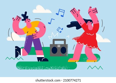 Overjoyed friends have fun dancing together to music in old stereo. Happy diverse man and woman relax rest enjoy dancing outdoors listening to radio on recorder. Flat vector illustration. 