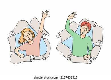 Overjoyed Funny Small Teen Children Look Through Paper Holes Waving Hello. Smiling Little Kids Feel Joyful Say Hi. Childhood And Creativity Concept. Vector Illustration. 