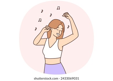 Overjoyed girl have fun dancing listening to nice music. Smiling young woman make dance moves. Hobby and entertainment. Vector illustration.