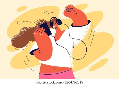 Overjoyed girl listen to music in earphones dancing having fun. Smiling young woman enjoy good quality sound in headphones using cellphone. Vector illustration. 