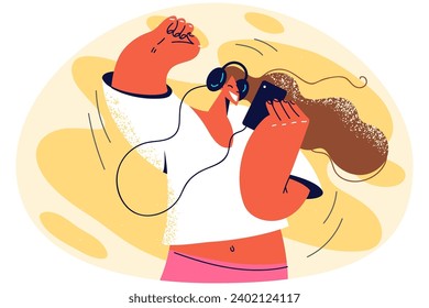 Muchacha encantada escucha música en audífonos bailando divirtiéndose. Las jóvenes sonrientes disfrutan de sonido de buena calidad en los audífonos usando el teléfono celular. Ilustración vectorial.