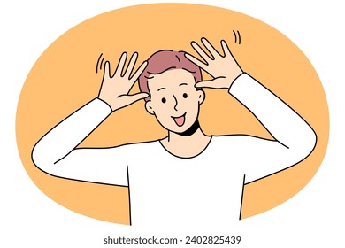 Overjoyed guy make funny face feeling joyful and positive. Smiling boy have fun show playful facial expression. Vector illustration.