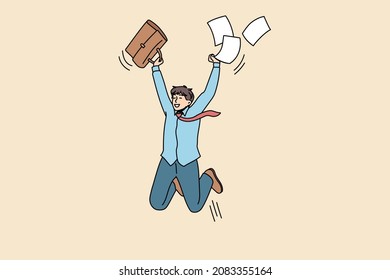 Overjoyed guy student jump with paperwork excited with high exam mark or test pass. Smiling man employee triumph get promotion news from work. Success, achievement concept. Vector illustration.