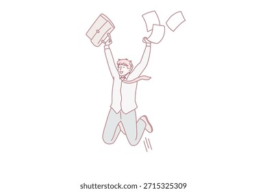Muchacho emocionado salto de estudiante con papeleo emocionado con alta calificación de examen o pase de prueba. Hombre sonriente triunfo del empleado recibe noticias de promoción del trabajo. Éxito, concepto de logro. Ilustración vectorial.