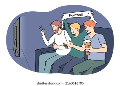 Overjoyed guys sit on coach drinking beer watching football on TV. Happy men enjoy sport game on television. Fan or supporters cheering favorite team. Vector illustration. 