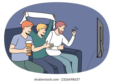 Overjoyed guys sit on coach drinking beer watching football on TV. Happy men enjoy sport game on television. Fan or supporters cheering favorite team. Vector illustration.