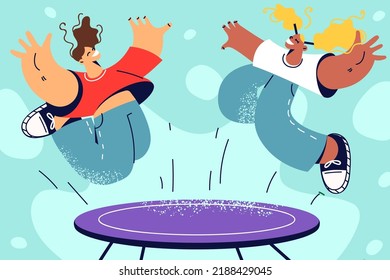 Overjoyed kids have fun jumping on trampoline outdoors. Smiling children enjoy leisure vacation or weekend outside. Childhood and recreation. Vector illustrations. 