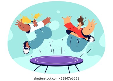 Overjoyed kids have fun jumping on trampoline outdoors. Smiling children enjoy leisure vacation or weekend outside. Childhood and recreation. Vector illustrations.