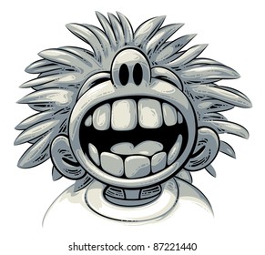 Overjoyed laugh: cute crazy boy with big teeth and wild hair style is laughing out loud