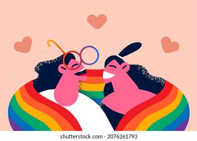 Overjoyed lesbian couple covered with LGBT flag celebrate international gay pride holiday. Smiling homosexual women show love. Equality and diversity concept. Flat vector illustration. 