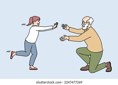 Overjoyed little girl child running to happy elderly grandfather. Smiling mature grandpa open arms welcome excited small granddaughter. Vector illustration. 