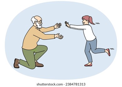 Overjoyed little girl child running to happy elderly grandfather. Smiling mature grandpa open arms welcome excited small granddaughter. Vector illustration.