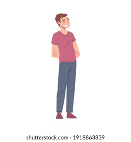 Overjoyed Male Character Putting Arms Behind Back and Smiling with Joy and Excitement Vector Illustration