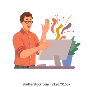 Overjoyed man by personal computer celebrating completion or project at work, victory and triumph. Vector male character with colorful screen, cheerful mood and success of corporate. Flat cartoon