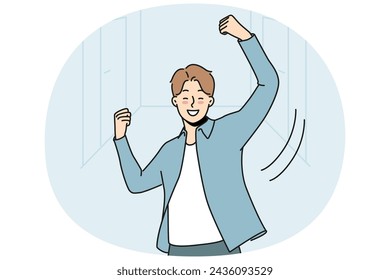 Overjoyed man dance celebrate success. Smiling male employee have fun enjoy win or victory in office. Achievement and reward. Vector illustration.