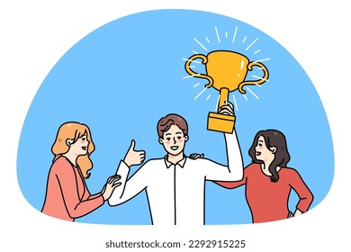 Overjoyed man employee with golden trophy in hands feel confident winning. Smiling women attracted to successful businessman holding award. Success and victory. Vector illustration.