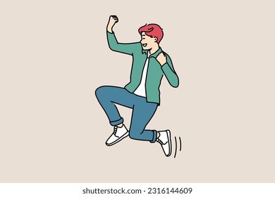 Hombre con mucha alegría saltando al aire celebrando el éxito o el triunfo. Un tipo sonriente se siente emocionado y eufórico triunfo en logros o logros. Ilustración vectorial. 