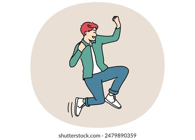 Hombre muy alegre saltando en el aire celebrando el éxito o el triunfo. El chico sonriente se siente emocionado y eufórico triunfar en el logro o el logro. Ilustración vectorial.