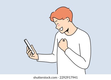 Overjoyed man look at cellphone screen read good message or text. Smiling guy celebrate online win or victory on smartphone. Vector illustration. 