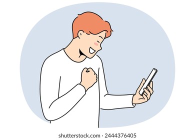 Overjoyed man look at cellphone screen read good message or text. Smiling guy celebrate online win or victory on smartphone. Vector illustration.