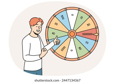 Overjoyed man near fortune wheel win money in lottery. Smiling guy excited with victory in game. Gambling and jackpot. Vector illustration.