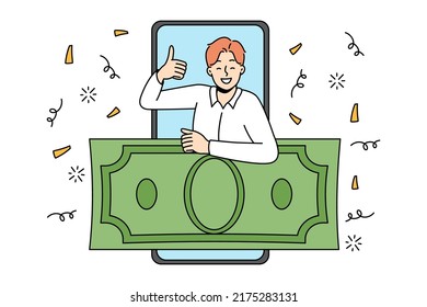 Overjoyed man on cellphone screen show thumb up excited with online money prize. Smiling male winner recommend internet lottery. Shopping bonus or reward. Vector illustration.