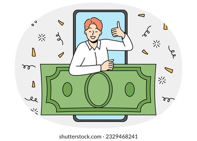 Overjoyed man on cellphone screen show thumb up excited with online money prize. Smiling male winner recommend internet lottery. Shopping bonus or reward. Vector illustration.