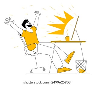 Overjoyed man . Smiling male employee character have fa un enjoy win or victory at the workplace in the office. Successful work or project completion. Vector illustration.