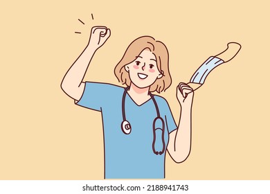 Overjoyed medical specialist take off face mask celebrate end of lockdown. Smiling doctor or nurse remove facial mask feeling optimistic. Vector illustration. 