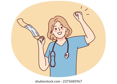 Overjoyed medical specialist take off face mask celebrate end of lockdown. Smiling doctor or nurse remove facial mask feeling optimistic. Vector illustration.