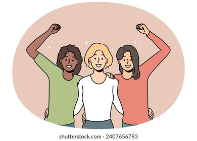 Overjoyed multiracial women hug showing unity and solidarity. Smiling diverse interracial girls embrace feel united and optimistic together. Vector illustration.