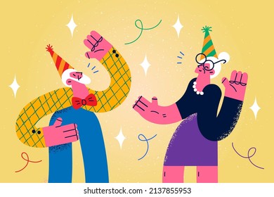Overjoyed old grandparents in hats have fun celebrate anniversary together. Smiling mature man and woman dance enjoy party or celebration. Active funny maturity. Vector illustration. 