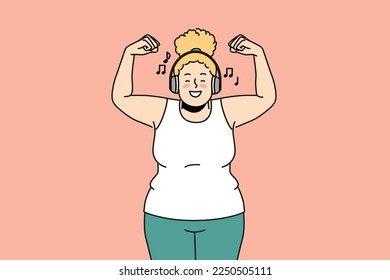 Overjoyed overweight woman in headphones listen to music do sports  Smiling fat girl in earphones enjoy good quality sound training  Vector illustration  