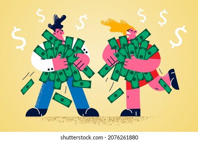 Overjoyed people with stacks of money excited with lottery win or victory. Happy man and woman with cash piles get good dividend from successful investment. Finance concept. Vector illustration. 