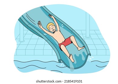 Overjoyed small boy riding from slide in aqua park. Smiling kid have fun enjoy water outdoor attractions in water park. Summer vacation. Vector illustration. 