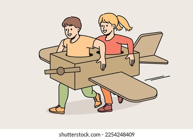 Overjoyed small children in handmade paper airplane playing together outdoors. Smiling little kids in manually constructed plane enjoy funny game. Vector illustration. 