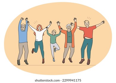 Las tres generaciones más alegres de familia se divierten saltando y riendo juntos. Los niños, padres y abuelos sonrientes celebran el éxito y se sienten alegres y emocionados. Ilustración vectorial plana.