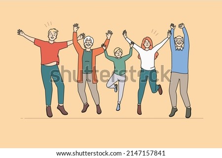 Overjoyed three generations of family have fun jump and laugh together. Smiling kids, parents and grandparents celebrate success feel joyful and excited. Flat vector illustration. 