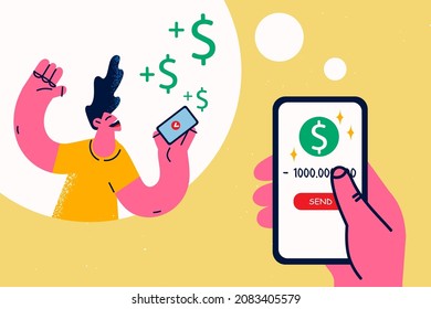 Overjoyed woman get paid with online transaction on smartphone. Happy girl receive wage or salary on cell, excited with payment. Web money transfer to mobile. Internet banking. Vector illustration. 