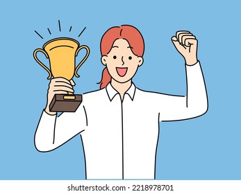 Overjoyed woman hold golden prize feel euphoric with success or promotion. Smiling businesswoman with gold award celebrate win or victory. Vector illustration. 