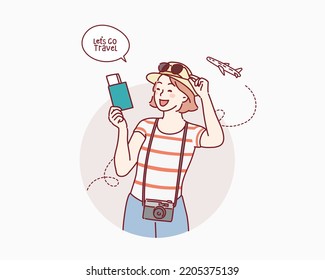 Overjoyed woman holding passport and plane tickets, going vacation overseas. Hand drawn style vector design illustrations.