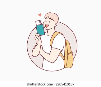 Overjoyed woman holding passport and plane tickets, going vacation overseas. Hand drawn style vector design illustrations.