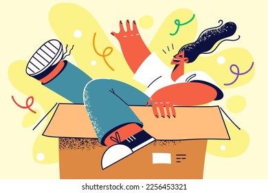 Overjoyed woman sit in box excited about moving or relocation to new house or apartment. Smiling girl celebrate dwelling purchase. Real estate and rental. Vector illustration. 