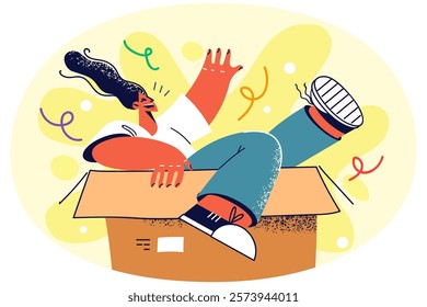 Overjoyed woman sit in box excited about moving or relocation to new house or apartment. Smiling girl celebrate dwelling purchase. Real estate and rental. Vector illustration.