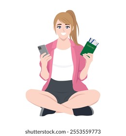 Overjoyed woman sitting on the floor holding passport and plane tickets and phone. Flat vector Character Illustration