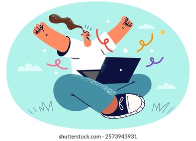 Overjoyed woman work on computer triumph with online win or victory. Smiling girl with laptop excited with good news on internet. Success and achievement. Vector illustration.