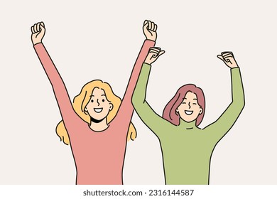 Overjoyed women have fun raising hands up in air. Smiling girlfriends feeling triumphant and euphoric cheering or encouraging. Vector illustration. 