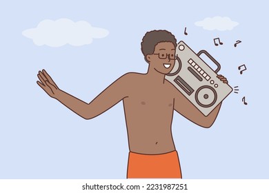 Overjoyed young African American man with stereo on shoulder. Happy black guy enjoy music from equipment relax on beach during summer vacation. Vector illustration. 